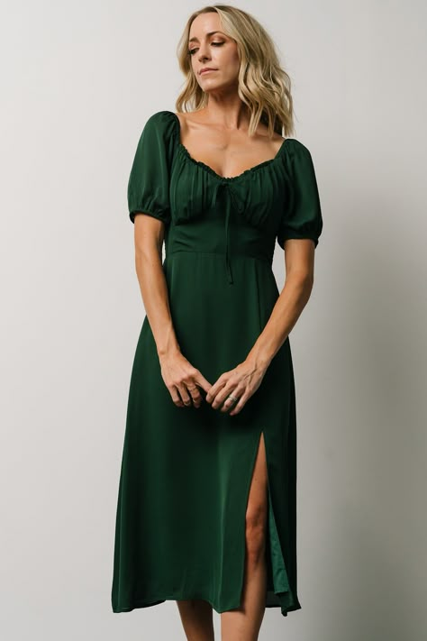 Cadence Midi Dress | Green | Baltic Born Affordable Solid Color Midi Dress For Day Out, Forest Green Satin Midi Dress, Cheap Green Cotton Midi Dress, Forrest Green Flowy Dress, Elegant Flowy Midi Dress At Affordable Price, Cheap Solid Color Midi Dress For Party, Emerald Green Midi Dress Casual, Affordable Summer Formal Midi Dress, Cheap Solid Color Midi Dress For Day Out