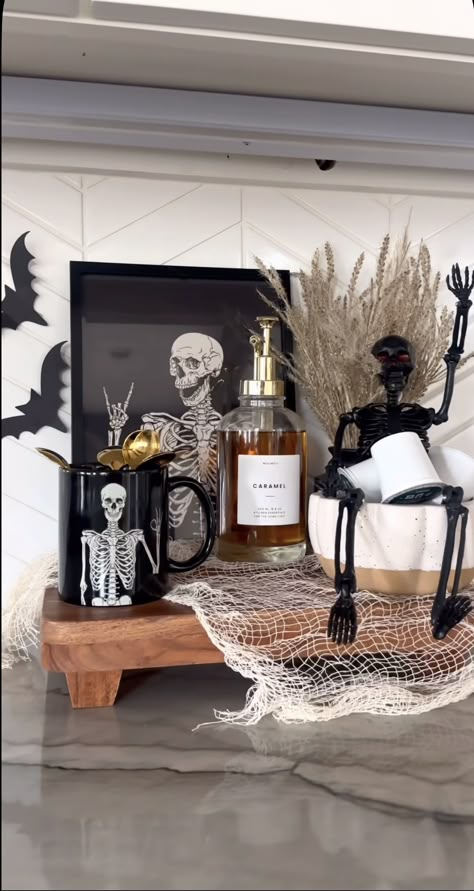 Fall And Halloween Kitchen Decor, Dark Color Home Interior, Halloween Home Decor Kitchen, Adult Halloween Table Decor, Cb2 Fall Decor, Cool Shelf Decor, Kitchen Counter Halloween Decor Ideas, Halloween Credenza Decor, Skeleton Kitchen Decor