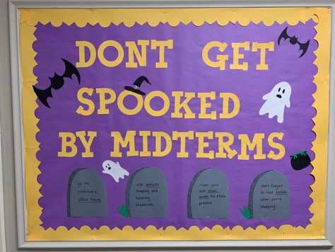 Bulletin Board Ideas Funny, October Bulletin Board Ideas College, Halloween Bulletin Boards College, Halloween College Bulletin Boards, Halloween Bulletin Boards For College, Study Bulletin Board, Ghost Ra Bulletin Board, Resident Assistant Bulletin Boards Halloween, Bulletin Boards Ra