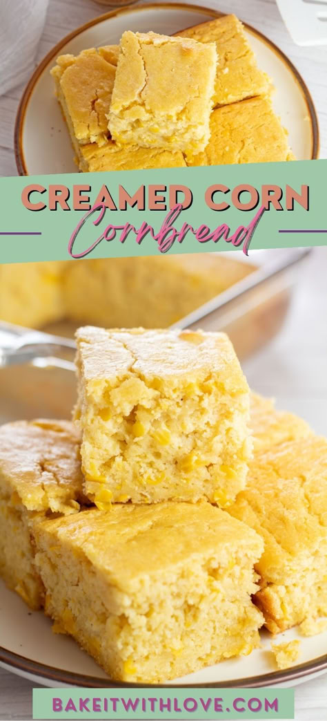 Multi-image pin with sliced squares of freshly baked creamed corn cornbread on a tan plate and light background. Cream Corn Cornbread Recipe, Best Creamed Corn, Mexican Breads, Plain Chicken Recipes, Corn Cornbread, Creamed Corn Cornbread, Carbquik Recipes, Corn Butter, Butter Dips