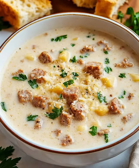 Creamy Parmesan Italian Sausage Soup Recipe - sandyrecipes.com Mild Italian Sausage Soup Recipes, Italian Sausage Soup With Spinach, Italian Wedding Soup Creamy, Sausage And Dumpling Soup, Sweet Sausage Soup, Creamy Parmesan Italian Sausage Ditalini Soup, Italian Soup Crockpot, Recipes With Italian Sausage Ground, Recipes With Ground Italian Sausage