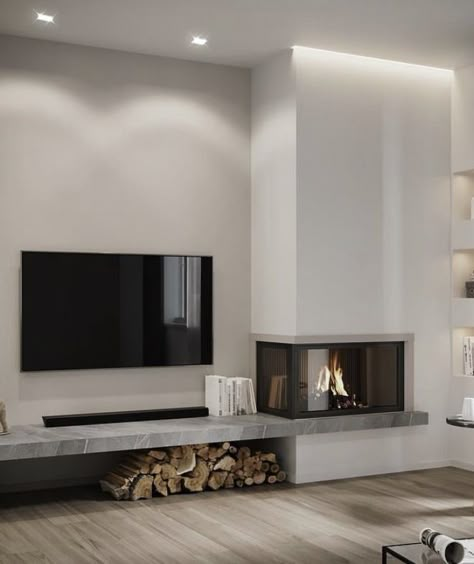 Gaia Miacola, Corner Fireplace Living Room, Fireplace Modern Design, Room With Fireplace, Living Room Decor Fireplace, Living Room Design Inspiration, Living Room Design Decor, Home Fireplace, Home Design Living Room