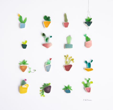 sea glass succulents made from sea glass and sea pottery.  Original art by Rachel Bellman. Copyright. Sea Glass Illustration, Seaglass Art Plants, Easy Glass Art, Sea Glass Succulents, Sea Glass Wave Art, Small Sea Glass Art, Sea Glass Art Plants, Simple Sea Glass Art, Beachglass Art Ideas