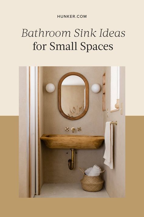 We're sharing six smart bathroom sink ideas for your small space. Trust us, this inspo will prove size doesn't equal style. #hunkerhome #smallbathroom #smallbathroomsink #smallbathroomsinkideas Sink In Bedroom Ideas Small Spaces, Sink Over Toilet Tiny Bathrooms, Sink Ideas For Small Bathrooms, Tiny Sink Vanity, Tiny Bathroom Sinks, Mini Bathroom Sink Ideas, Bathroom Sink In Alcove, Small Floating Sink, Bathroom Nook Ideas