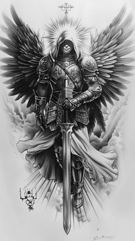 Saint Michael Tattoo, Guardian Tattoo, Dark Angel Tattoo, Angel Warrior Tattoo, Armor Of God Tattoo, Guardian Angel Tattoo Designs, St Michael Tattoo, Arm Tattoos For Guys Forearm, Michael Tattoo