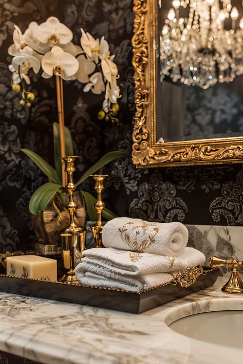 Elegant Bathroom Decor: Gold Accents & Luxurious Details Gilded Home Decor, Bathroom Decor Gold Accents, Bathroom Decor Gold, Luxurious Bathroom Design, Classical Bathroom, Elegant Bathroom Decor, Gold Bathroom Accessories, Moody Decor, Powder Room Decor