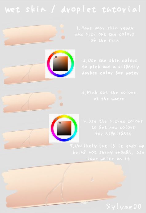 Wet skin/droplet tutorial by Sylvae00 How To Paint Wet Skin, How To Draw Water On Skin, Wet Skin Reference, How To Draw Wet Skin, Wet Skin Drawing, Material Drawing, Draw Anatomy, Skin Paint, Skin Drawing