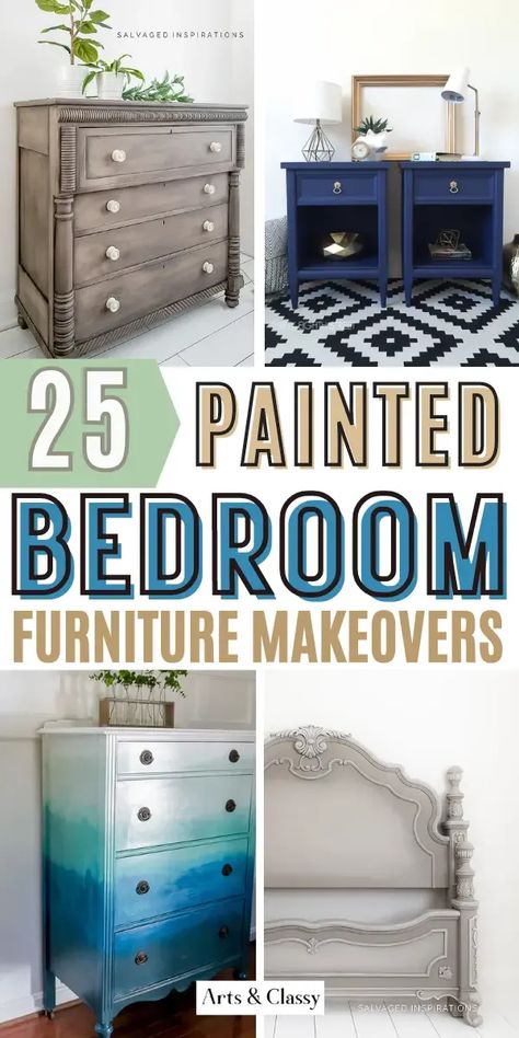 Transform your bedroom with these breathtaking furniture makeovers! Discover 25 painted bedroom furniture ideas that will inspire your next project. Bed Makeover Paint, Painted Bedroom Furniture Ideas, Painted Bed Frames, Bedroom Furniture Inspiration, Chic Nightstand, Furniture Transformation, White Bedroom Set, Armoire Makeover, Painted Bedroom