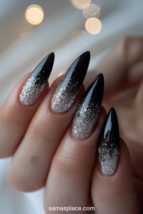 Almond Nails Black And Silver, Black And Silver Sparkle Nails, Stiletto Nails Cat Eye, Disco Inspired Nails, Black Witchy Nails Ideas, Goth Gel Nails Short, Goth Birthday Nails, Black Glitter Nails Acrylic, Black Almond Nails Designs Glitter