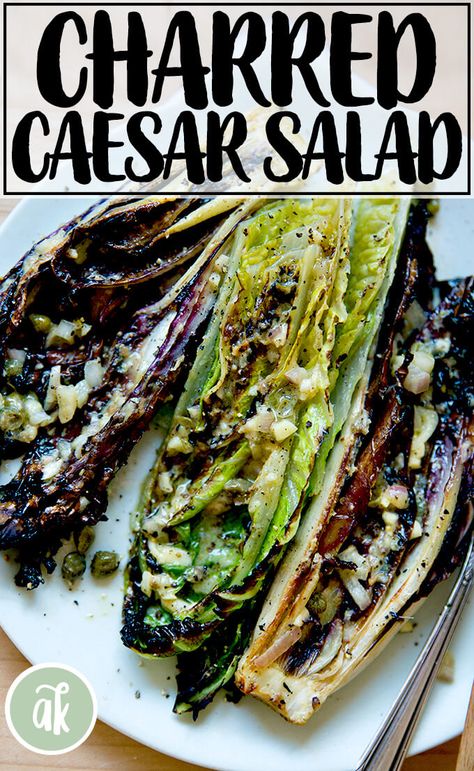 Charred Romaine Salad — heaven! This is one of the simplest salads you could make: simply halve heads of Romaine lettuce; broil for 4 minutes total; dress with the most flavorful Caesar-ish dressing you've ever tasted. In the summer, you can grill the heads, but for now, the broiler works beautifully. #Romaine #grilled #charred #broiler #caesar #salad Broiled Romaine Salad, Charred Romaine, Romaine Caesar Salad, Grilled Romaine Salad, Lettuce Recipes, Grilled Romaine, Copy Cats, Romaine Salad, Romaine Lettuce Salad