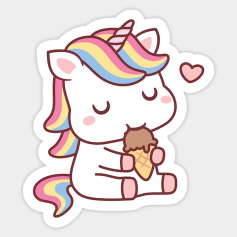 A doodle of a cute little white unicorn with colorful mane enjoying a chocolate ice cream on a cone! Kawaii design for anyone who loves unicorns and ice cream! -- Choose from our vast selection of stickers to match with your favorite design to make the perfect customized sticker/decal. Perfect to put on water bottles, laptops, hard hats, and car windows. Everything from favorite TV show stickers to funny stickers. For men, women, boys, and girls. Cute Stickers Unicorn, Unicorn Cute Illustration, Cute Sticker Ideas Easy, Unicorn Cute Drawing, Stickers On Everything, Cute Unicorn Drawing, Ice Cream On A Cone, Cute Stickers Printable, Doodles Food