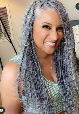 Gray Goddess Braids Silver Hair, Salt And Pepper Twists Black Women, Grey Crochet Hairstyles For Black Women, Grey And Black Braids Hairstyles, Natural Grey Hair Styles For Black Women, Salt And Pepper Faux Locs, Gray Ombre Braids Black Women, Braids With Gray Hair Black Women, Black And Gray Braids For Black Women