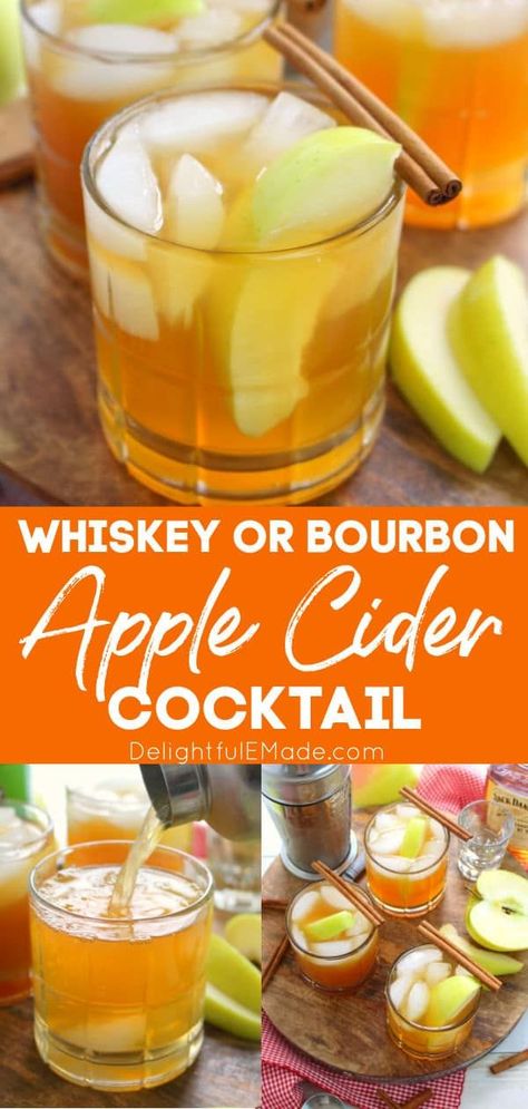 If you love hard cider, or imbibing in the occasional bourbon, this Whiskey Apple Cider Cocktail will be your new favorite drink! Made with hard cider, apple cider, bitters and a shot of good whiskey or bourbon, this cocktail has all the amazing flavors of fall! || Delightful E Made Caramel Apple Whiskey Cocktail, Apple Whiskey Drinks Cocktail Recipes, Whiskey And Apple Cider, Apple Cider Drinks Alcohol, Whiskey Apple Cider, Blended Drink Recipes, Apple Cider Bourbon, Apple Cider Whiskey, Vodka Cranberry Cocktail