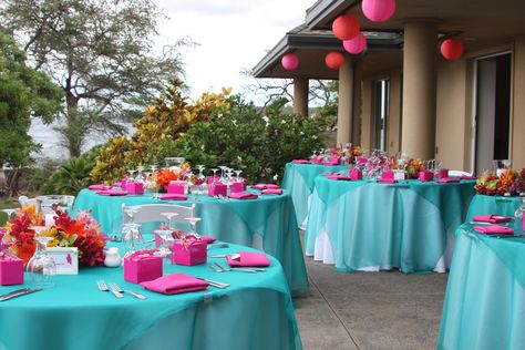 More #fushia #teal our favorite is the #orange and #fushiapink chinese lanterns We really loved putting this whole look together at #kukahikoestate www.makenaweddings.com Teal And Pink Decorations, Custom Jewelry Ideas, Wedding Color Pallet, Tiffany Rose, Rose Fushia, Jewel Tone Wedding, Wedding Cakes Blue, Teal Wedding