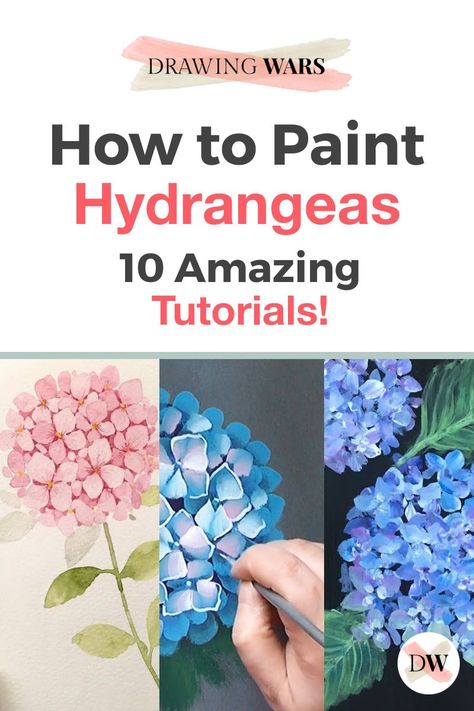 How to Paint Hydrangeas Step by Step the easy way. Learn How to Paint Hydrangeas Easy with the Best 10 Online Video Tutorials with Acrylic, Digital and many more techniques! How to Paint Hydrangeas Acrylic, How to Paint Hydrangeas Watercolor and more! Painting Tutorial for Beginners! Paint Hydrangeas, Hydrangeas Art, Floral Paintings Acrylic, Watercolor Hydrangea, Hydrangea Painting, Painting Flowers Tutorial, Oil Painting Tutorial, Acrylic Painting Flowers, Diy Watercolor Painting