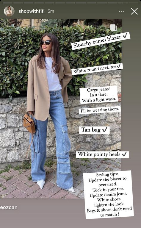 White Pointy Heels Outfit, Cargo Jeans With Heels, Pointy Heels Outfit, Camel Blazer, Pointy Shoes, Pointy Heels, Jeans With Heels, Tan Bag, Heels Outfits