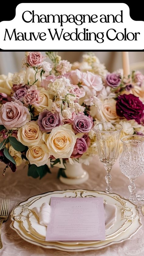 Champagne and mauve wedding color ideas for a romantic wedding setup. Mauve And Silver Wedding, Vintage Mauve Wedding, Mauve Spring Wedding, Dark Mauve Wedding, Champagne Wedding Colors Scheme, Mauve Wedding Theme, Champagne Wedding Themes, Dream Wedding Theme, Mauve Wedding Colors