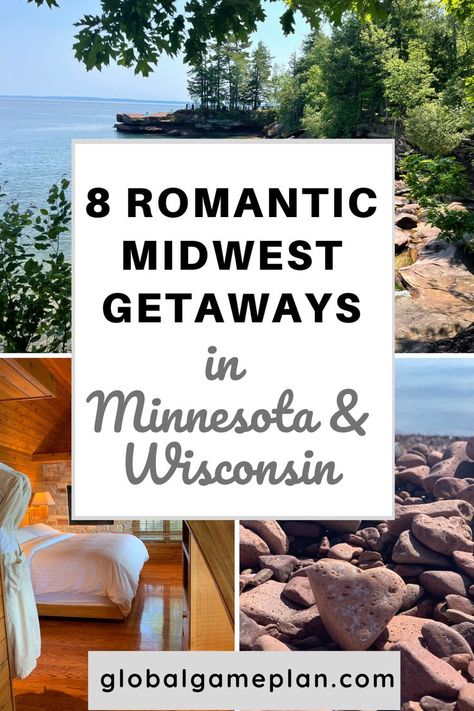 One photo with a pink heart-shaped rock, a romantic bedroom and a beautiful nature scene with green trees and blue water. Spa Weekend Getaway, Wisconsin Getaways, Minnesota North Shore, Midwest Getaways, Romantic Cabin Getaway, North Shore Minnesota, Cabin Getaway, Gull Lake, Romantic Resorts