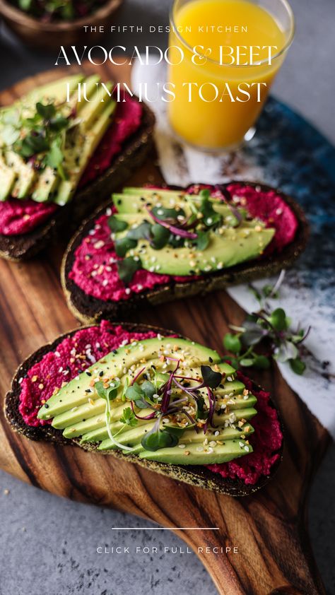 Beets And Eggs Breakfast, Beet Avocado Toast, Beet Hummus Avocado Toast, Colorful Breakfast Ideas, Humus Toast Breakfast, Beet Recipes Breakfast, Beetroot Hummus Toast, Beet Hummus Toast, Beets For Breakfast