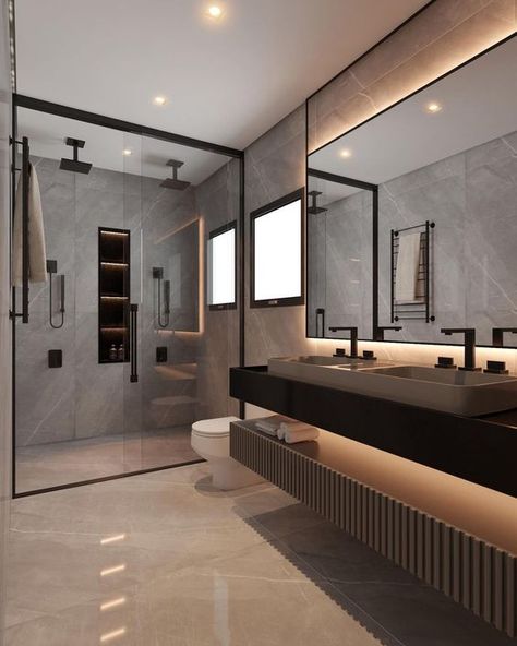 Masculine Minimalism, Master Ensuite Bathroom Luxury, Modern Ensuite Bathroom Ideas, Moody Spa, Ensuite Inspiration, Mixing Furniture, Amazing Rooms, Dekorere Bad, Ideas Baños