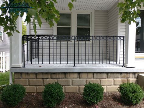 Wrought Iron Patio Railing, Exterior Iron Railing, Wrought Iron Railing Exterior Front Porch, Black Wrought Iron Railing On Porch, Black Balustrade, Simple Iron Railing Exterior, Black Exterior Railing Wrought Iron, Front Porch Railing Ideas, Dutch Colonial Exterior