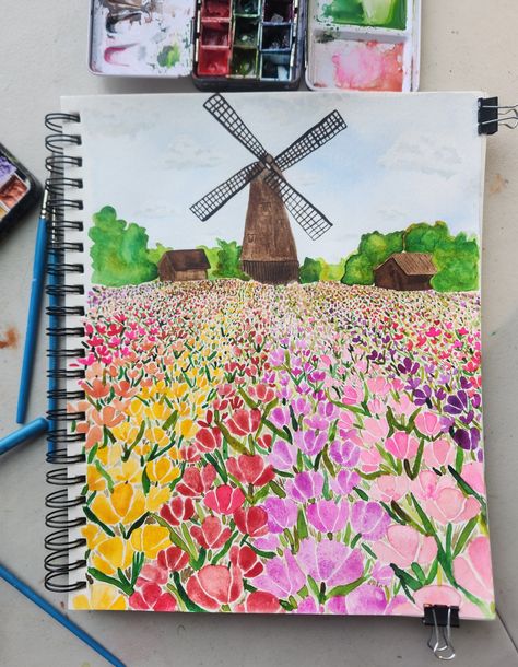 Watercolor Painting inspired by the tulip fields outside Amsterdam