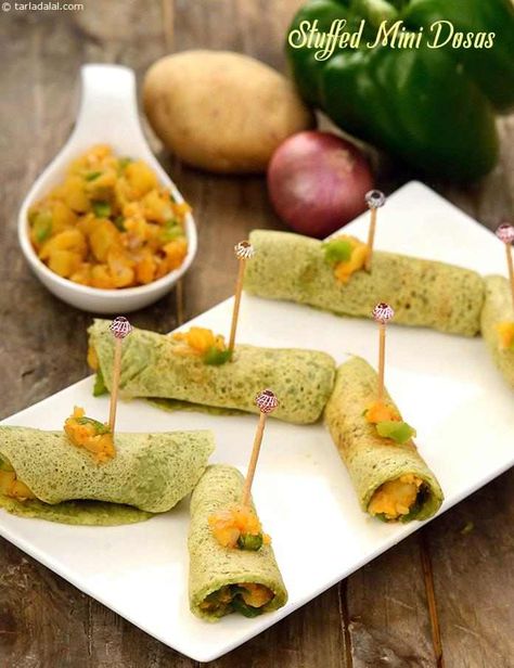 Stuffed Mini Dosas recipe, Indian Chaat Recipes Dosa Plating Ideas, South Indian Starters, Indian High Tea Snacks, Indian High Tea Ideas, Tea Time Snacks Easy, Dosas Recipe, Indian High Tea, Indian Chaat, Green Gram