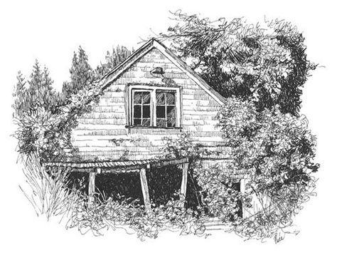 Claudia Nice Abandoned House Sketch, Abandoned House, Tinta China, Drawing Ink, House Drawing, Ink Drawings, Landscape Drawings, Ink Sketch, A Pen