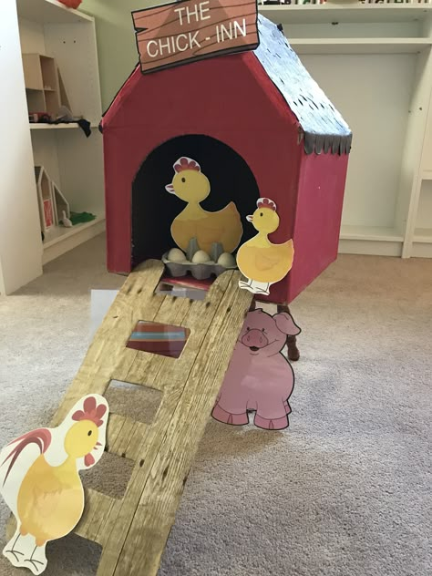 The chicken coop at Tykes N Tots Dayhome Preschool Chicken Coop, Chicken Coop Craft, Cardboard Chicken Coop, Animal Art Activities, Farm Animal Art, Farm Theme Preschool, Diy Chicken Coop Plans, Farm Preschool, Farm Animals Birthday Party