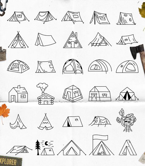 Tent Tattoo Camping, Camping Doodles Simple, Cottage Line Drawing, Tent Tattoo Simple, Tent Tattoo Design, Camping Line Art, Tent Camping Drawing, Simple Camping Tattoo, Camping Drawing Simple