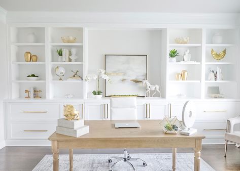 Home office #whiteonwhite #builtins #shelfstyling Office With Built Ins, White Office Ideas, White Home Office, Tall Shelves, White Office, Office Inspo, Home Office Ideas, Shelf Styling, Decor Home Living Room