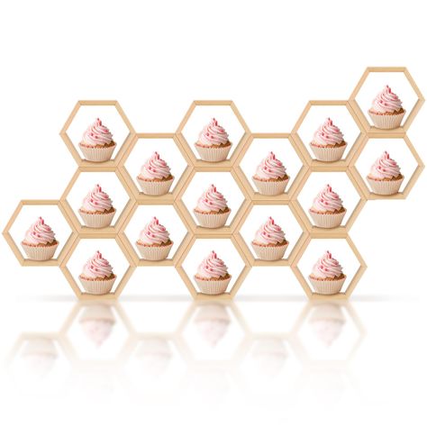 PRICES MAY VARY. Sufficient Quantity: you will receive 16 honeycomb cupcake stands and 1 roll glue point, enough to meet your daily needs; You can arrange them as you like, or you can share them with your friends, family, colleagues, classmates, neighbors, etc Suitable Size: the side dimension of each hexagon floating shelf is about 2.36 inches/ 6 cm and thickness is 0.31 inches/ 0.8 cm; These wooden hexagonal decorations are not too big or too small, and you can put some cupcakes inside for dai Hexagon Wall Shelf, Floating Table, Cake Stand Display, Cupcake Stands, Hexagon Design, Cake Display, Shelves In Bedroom, Display Stands, Table Sign