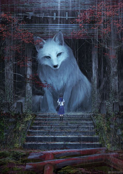 Japanese Illustrator Imagines A World Where Humans Live Among Giant Animals (30 Pics) Pet Anime, Creature Fantasy, Giant Animals, Art Fox, Big Animals, Mythical Creatures Art, Anime Animals, Fox Art, Arte Animal