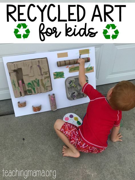 Recycled Art for Kids - a fun activity for kids! Recycled Art For Kids, Recycled Crafts Kids Preschool, Recycle Preschool, Recycling Activities For Kids, Recycling Lessons, Sustainability Activities, Environmental Activities, Recycling Activities, Fun Activity For Kids