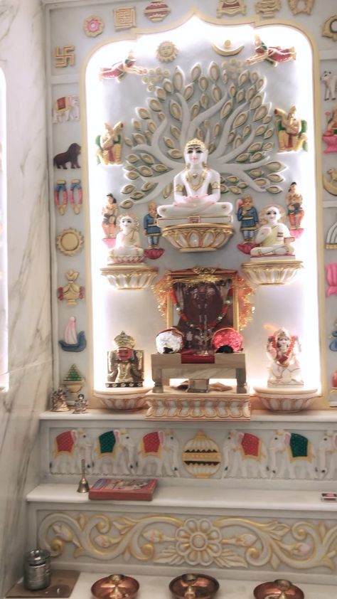 Jain Puja Room Design, Jain Home Mandir Design, Jain Mandir Design For Home, Jain Mandir Design, Jain Mandir Design Puja Room, Jain Pooja Room Designs, Jain Temple Design For Home, Dev Ghar, Jain Mandir