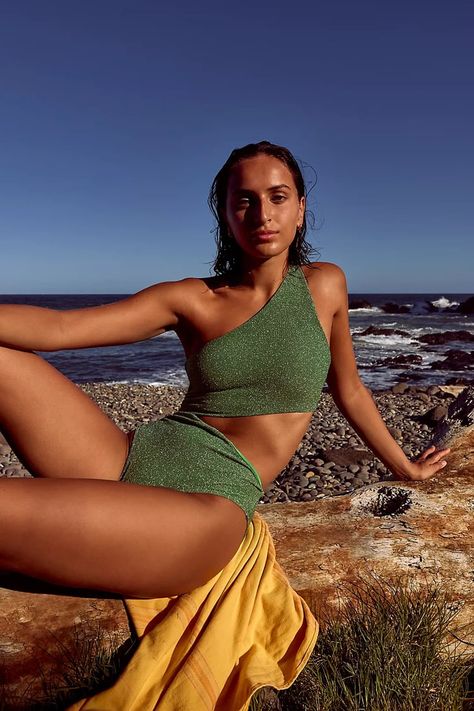 The Sexiest Swimsuits of 2023 Swimwear Campaign, Free People Swimsuit, Beach Therapy, Green One Piece Swimsuit, Beach Inspo, Perfect Swimsuit, Beach Shoot, Green Swimsuit, Beach Portraits