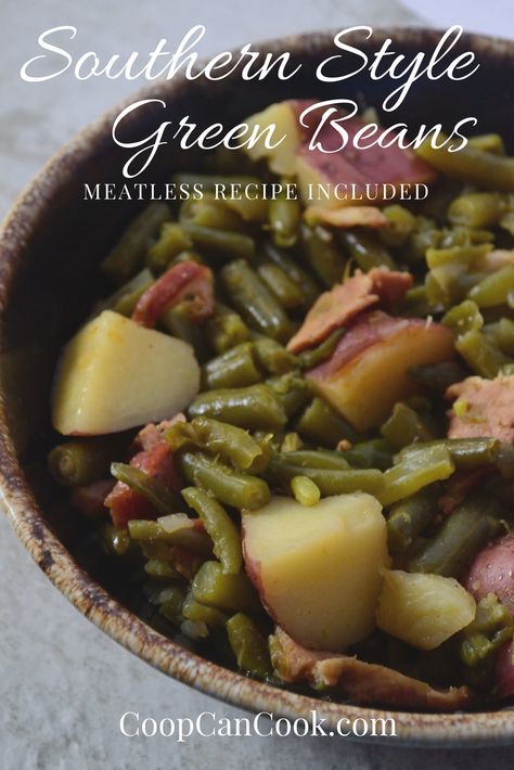 Make frozen taste fresh with this easy recipe for delicious Southern Style Green Beans! This recipe also includes tips to make it meatless and vegan! Green Beans Potatoes And Ham, Green Bean Casserole Recipes, Bean Casserole Recipes, Beans And Potatoes Recipe, Country Green Beans, Ham Potatoes, Beans And Ham, Coop Can Cook, Green Beans Potatoes