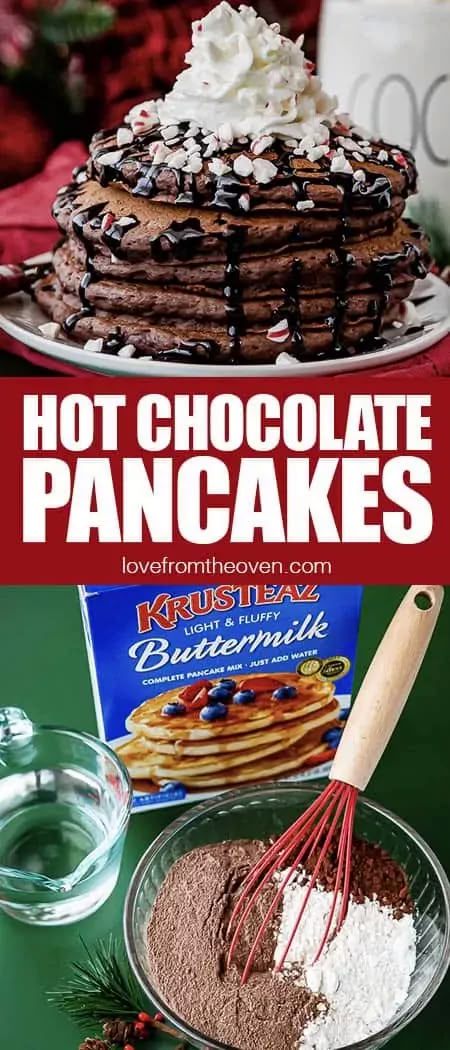 Krusteaz Pancake Mix Recipes, Hot Chocolate Pancakes, Chocolate Waffle Recipe, Easy Hot Chocolate, Pancakes Chocolate, Fun Pancakes, Christmas Pancakes, Recipes Pancakes, Love From The Oven