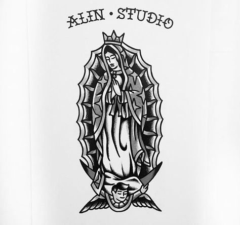 American Traditional Mother Mary Tattoo, American Traditional Tattoos Virgin Mary, Mary Tattoo Traditional, Traditional Tattoo Artwork, Mother Mary Tattoos, Saint Tattoo, Traditional Tattoo Flash Sheets, Nautical Tattoo Sleeve, Traditional Black Tattoo