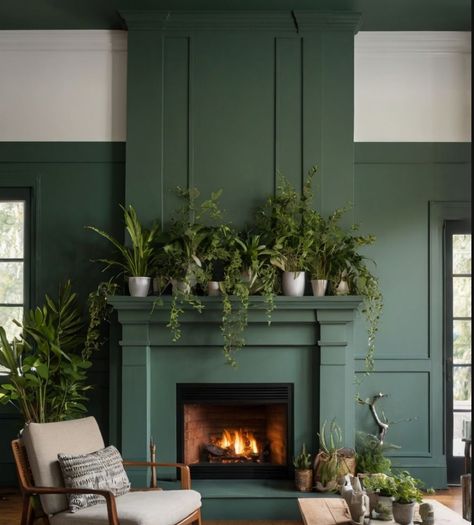 Green Painted Fireplace Surround, Forest Green Sitting Room, Emerald Tile Fireplace, Singletree Ideas, Fireplace Plants Decor, Green Painted Fireplace, Green Fireplace Wall, Sage Green Fireplace, Cosy Snug Room Ideas