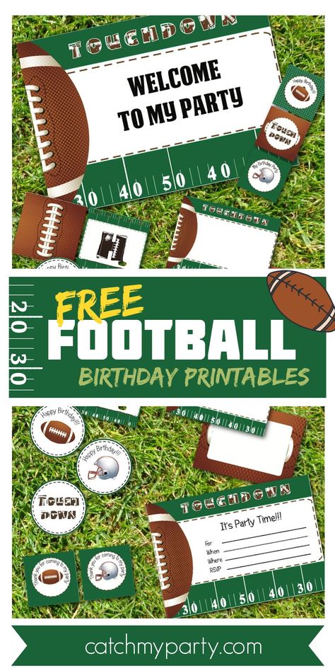 If your son (or daughter) loves football, use our FREE football birthday party printables and you've got all the decorations for your next football party! The collection includes invitations, party circles, a welcome sign, fancy labels, favor tags, and a Happy Birthday banner. See more party ideas and share your at CatchMyParty.com Football Party Printables, Football Birthday Party Invitations, Football Printables, Free Holiday Printables, Football Cakes, Football First Birthday, Football Party Ideas, Birthday Party Ideas Themes, Football Board