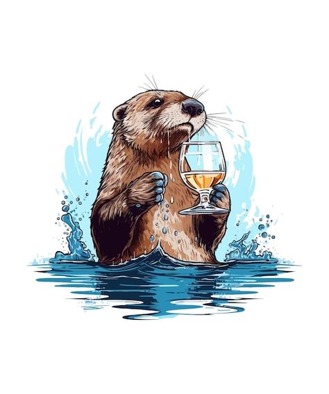 Drinking Wine Illustration, Wine Illustration Design, Otter Clipart, Otter Animal, Beaver Animal, Wine Illustration, Wine Tattoo, Otter Illustration, Monster Board