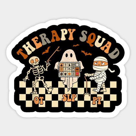 Retro Therapy Squad SLP OT PT Team Halloween Speech Physical -- Choose from our vast selection of stickers to match with your favorite design to make the perfect customized sticker/decal. Perfect to put on water bottles, laptops, hard hats, and car windows. Everything from favorite TV show stickers to funny stickers. For men, women, boys, and girls. Hard Hats, Funny Stickers, Custom Stickers, Favorite Tv Shows, Physics, Halloween, Funny