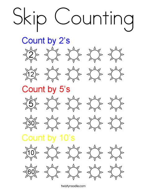 Skip Counting Coloring Page - Twisty Noodle Math Worksheets 2nd Grade, Skip Counting Kindergarten, Skip Counting Activities, Skip Counting Worksheets, Counting By 2, Skip Counting By 2, Worksheets 2nd Grade, Counting In 5s, Preschool Calendar