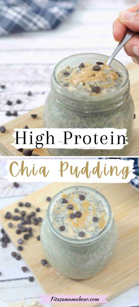 Creamy, delicious, and easy to make! This protein chia pudding is swirled with creamy peanut butter and topped with chocolate chips. @fitasamamabear Protein Chia Seed Pudding, Peanut Butter Chia Pudding, Protein Chia Pudding, Chia Seed Breakfast, Chia Seeds Protein, Chia Pudding Recipes Healthy, Chia Seed Recipes Pudding, Chia Seed Recipes, Protein Pudding