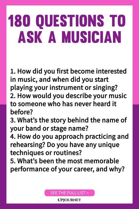 Discover engaging conversation starters with these 180 questions to ask a musician. Whether you're an aspiring artist or a music enthusiast, these thought-provoking questions will help deepen your understanding of the creative process and the world of music. From musicians' inspirations to their favorite performances, get ready for fascinating discussions! Perfect for music lovers looking to connect on a deeper level. Questions To Ask Podcast Guest, Music Questions To Ask, Work Etiquette, Interview Questions To Ask, Psychology Terms, Questions To Ponder, Friendship And Dating, Asking The Right Questions, Deep Questions