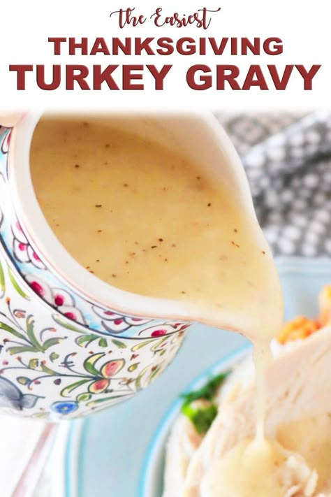 Make this Easy Turkey Gravy Recipe for Thanksgiving this year! It's a classic turkey gravy made simple with only 4 ingredients. No drippings needed! #gravy #thanksgivinggravy #easyturkeygravy #turkeygravy #thanksgivingrecipes Simple Turkey Gravy Recipe, Easy Turkey Gravy Recipe, Easy Turkey Gravy, Turkey Gravy Recipe Easy, Make Ahead Turkey Gravy, Turkey Gravy From Drippings, Turkey Gravy Easy, Easy Gravy Recipe, Thanksgiving Gravy