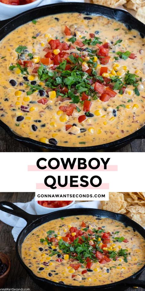 *NEW* Get ready to tip your hat to this fully loaded Cowboy Queso. A mix of creamy cheesy deliciousness and pops of fresh flavor, this queso eats like a meal. #cheesedip #partdip Cowboy Queso Dip, Cowboy Queso, Crock Pot Dips, Queso Dip Recipes, Queso Recipe, Queso Dip, Dip Recipes Easy, Yummy Dips, Party Food Appetizers