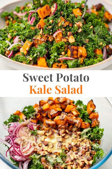 Sweet Potato & Kale Salad With Toasted Almonds & Lemon Tahini Dressing Sweet Potato Kale Salad, Potato Kale Salad, Salad With Dried Cranberries, Kale Sweet Potato Salad, Roasted Sweet Potato Cubes, Sweet Potato Kale, Cubed Sweet Potatoes, Shredded Brussel Sprouts, Ambitious Kitchen