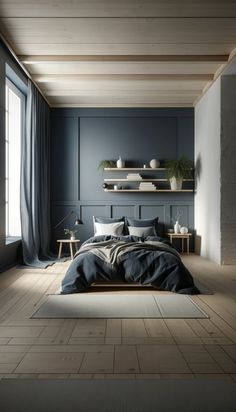 Simple Wooden Headboard, Color Palette With Navy Blue, Slate Blue Bedroom, Color Palette With Navy, Navy Room Ideas, Navy Blue Headboard, Masculine Bedroom Ideas, Bedroom Layouts For Small Rooms, Navy Blue Bedroom Ideas